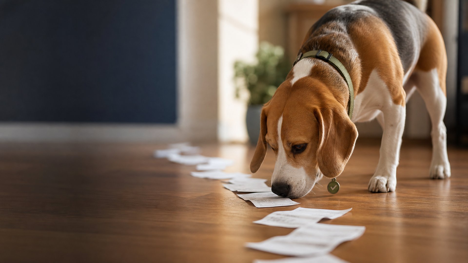 A beagle sniffing along a trail of paper receipts